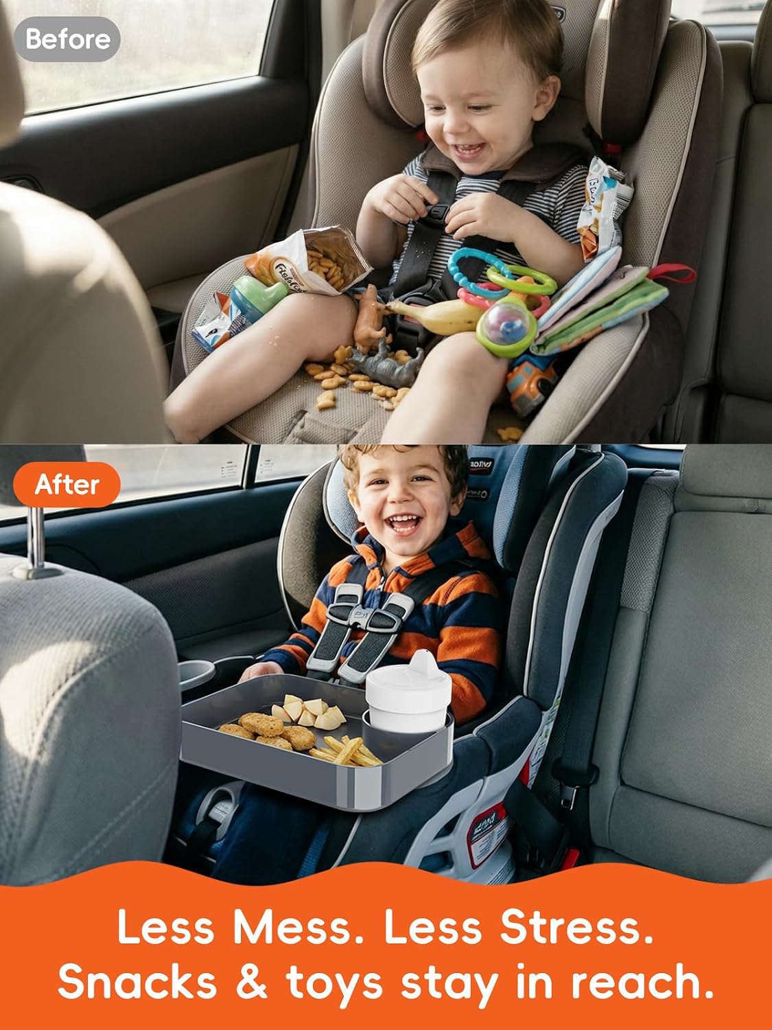 Car Seat Cup Holder Snack Tray for Kids, Reduces Mess, Detachable Large Base & Adjustable Ring, Carseat Tray for Toddler, Car Seat Food Tray Table for Kids Travel Road Trip Essentials-Dark Gray