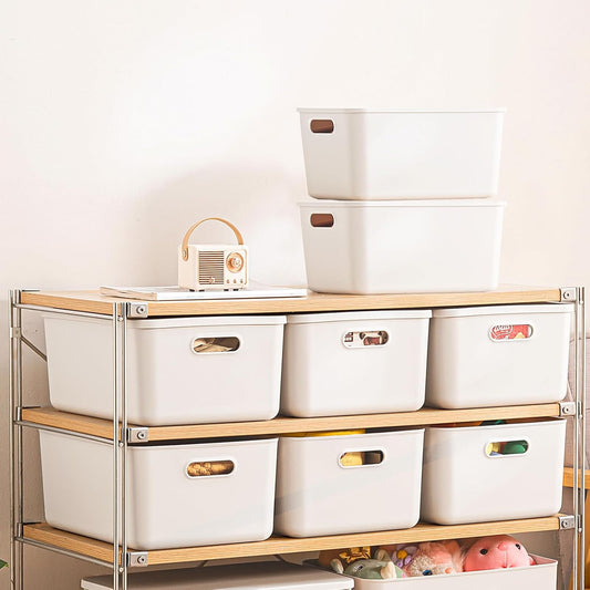 8 pack large plastic Laundry Basket/Hamper with lids and handle，White storage bins Baskets，Organizer Containers for Closet Dorm，Clothes Laundry Room Bedroom, Shelves，home (White, 6M+2S)