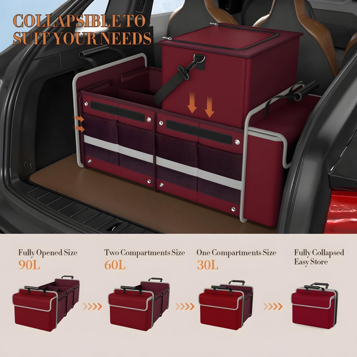 Large Trunk Organizer for SUV with Premium Portable Cooler Bag, Car Organizers and Storage with Foldable Cover, Collapsible Car Trunk Bed Organizer for Truck, 2 Retractable Straps, 90L+20L, Wine Red-C