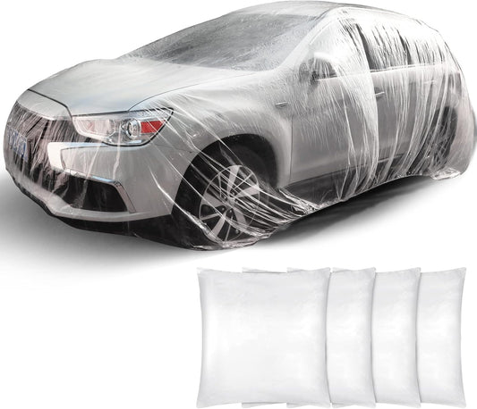 Tallew 4 Pcs Universal Plastic Car Cover 12. 5 x 21. 7ft Disposable Waterproof Full Exterior Cover with Elastic Band for Automobiles Sedan Outdoor Snow Rain Weather
