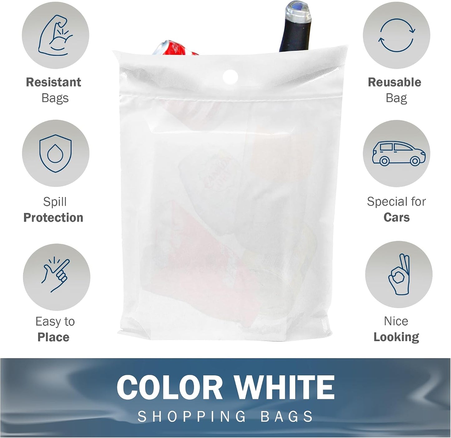 9x12 White Disposable Car Trash Bags, Leak-proof, Small Size, 50 Pack, 2 Mil Thick, with Die-Cut Handles by PPB