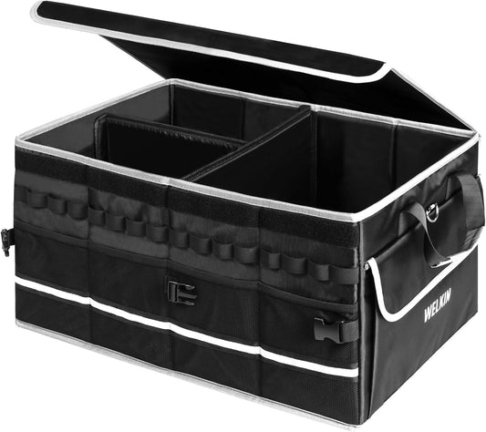 WELKIN 15GAL/60L Car Trunk Organizer with Lid &amp; Dividers - Heavy Duty Collapsible Storage Organizer for SUV Sedan Truck - Waterproof Foldable Cargo Organizer for Groceries, Camping, Travel Accessories