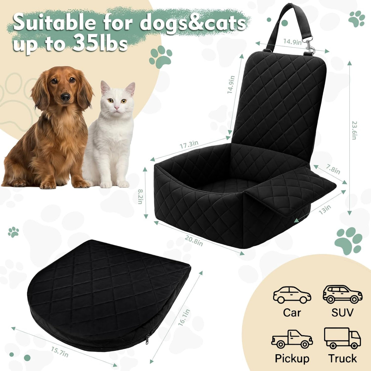 Dog Car Seat with Foldable Armrest for Small/Medium Dogs, Pet Travel Bed (Black)