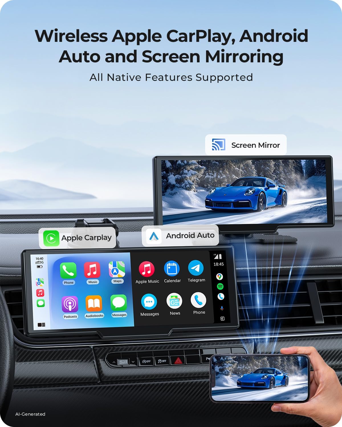9.26" Wireless Carplay Screen for Car with 4K Dash Cam & HD Backup Camera