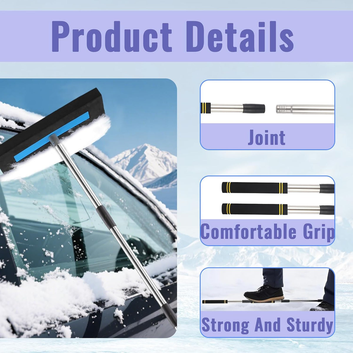 Sectional Snow Pusher Ice Scraper 74.80 Inches Collapsible Shovel Stainless Steel Foam Grip with Bag for Car Truck Sidewalk