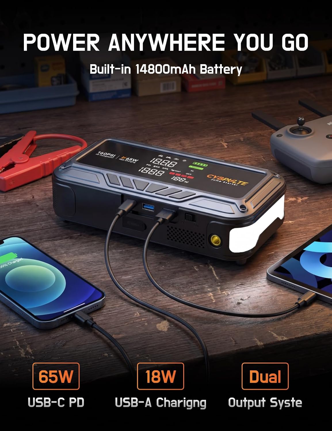 Jump Starter with Air Compressor 8000A 160 PSI,65W USB-C