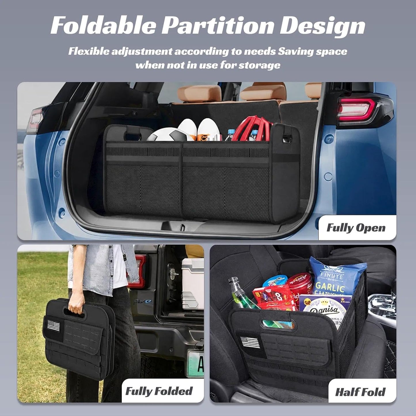 Sposuit Car Trunk Organizer for SUV - 65L Collapsible Tactical MOLLE Car Storage with Reinforced Handles & Multiple Pockets, Sturdy Trunk Organizers for Groceries, Tools & Outdoor Storage (Black)