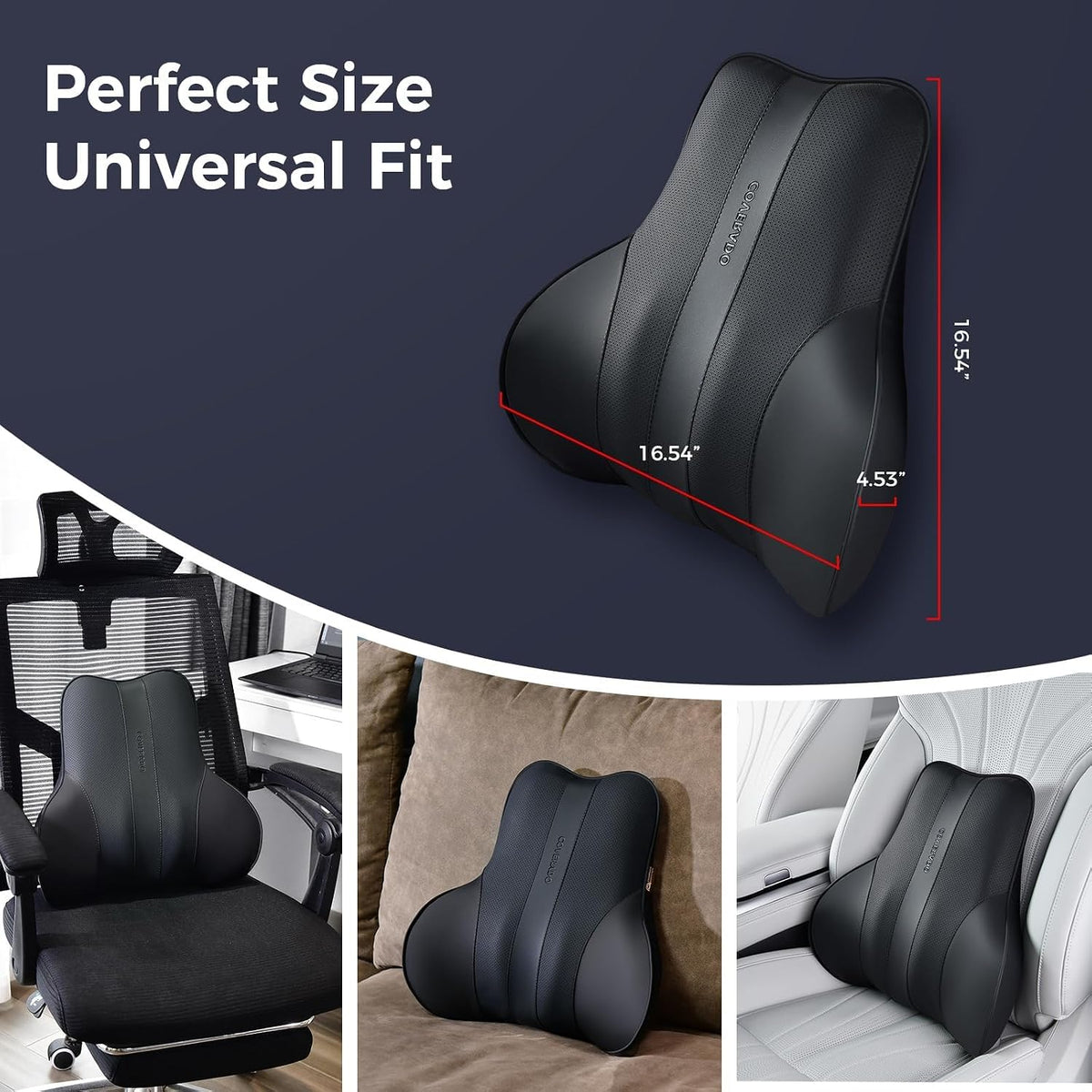 Coverado Lumbar Support Pillow for Car, Ergonomic Memory Foam Back Pillow for Office Chair, New Back Cushion for Pain Relief, PU Leather Car Lumbar Support for Driving Seat - BK