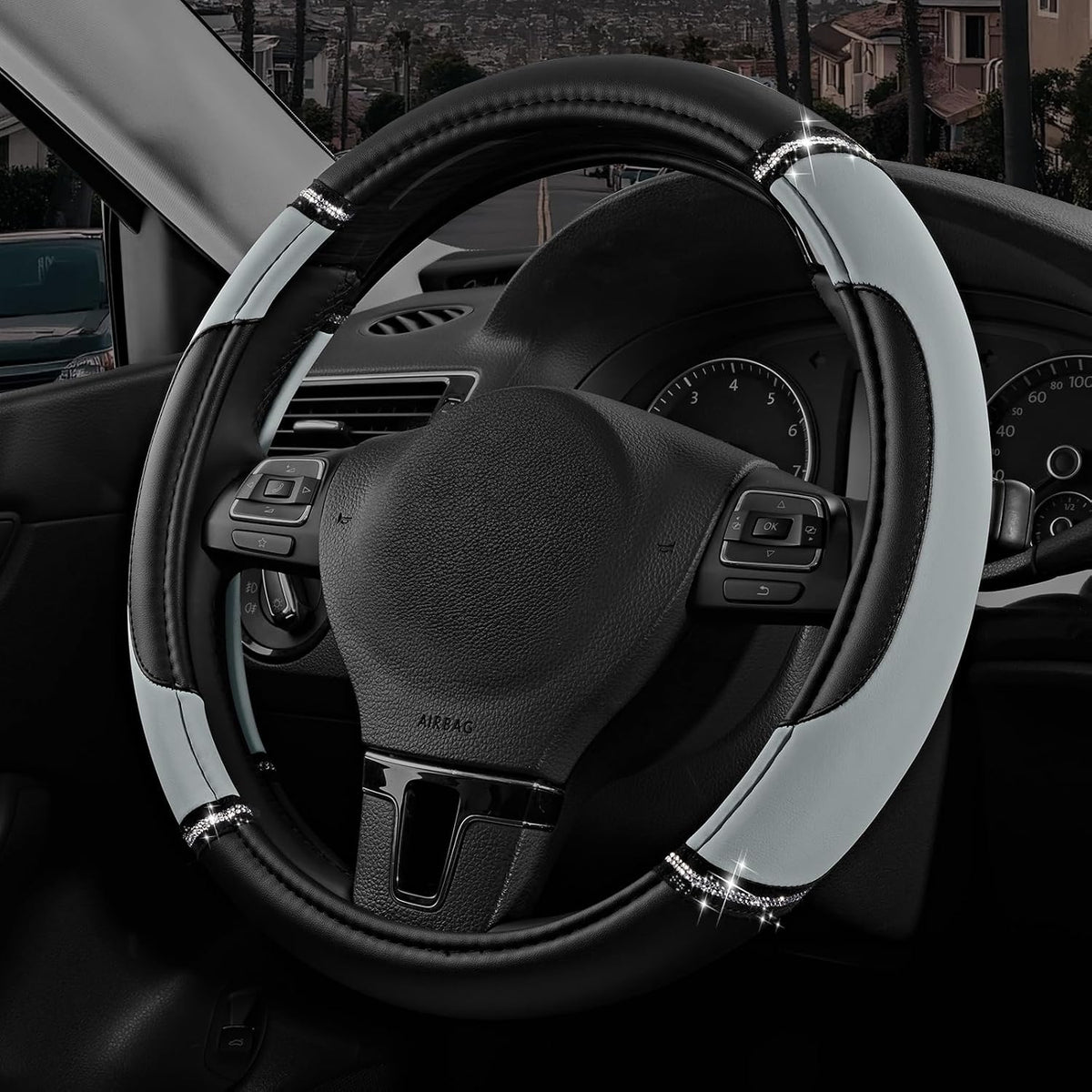 Road Comforts Leather Steering Wheel Cover - Made with PVC Leather Bling Design - Anti-Slip Wheel Cover Universal Fit Most 14 1/2 inches to 15 inches - Brown Color