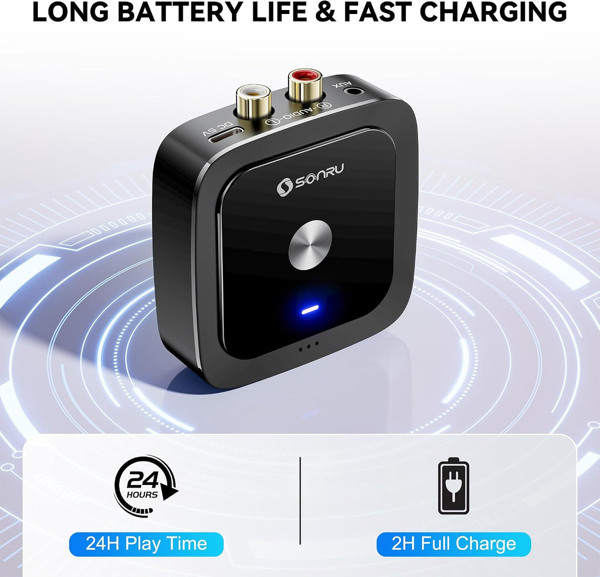 SONRU Bluetooth 6.0 Receiver, Bluetooth Adapter for Old Receiver, Low Latency, 24-Hour Battery Life with AUX 3.5mm/RCA, HiFi Wireless Audio Adapter for Speakers/Home Music Streaming Stereo System