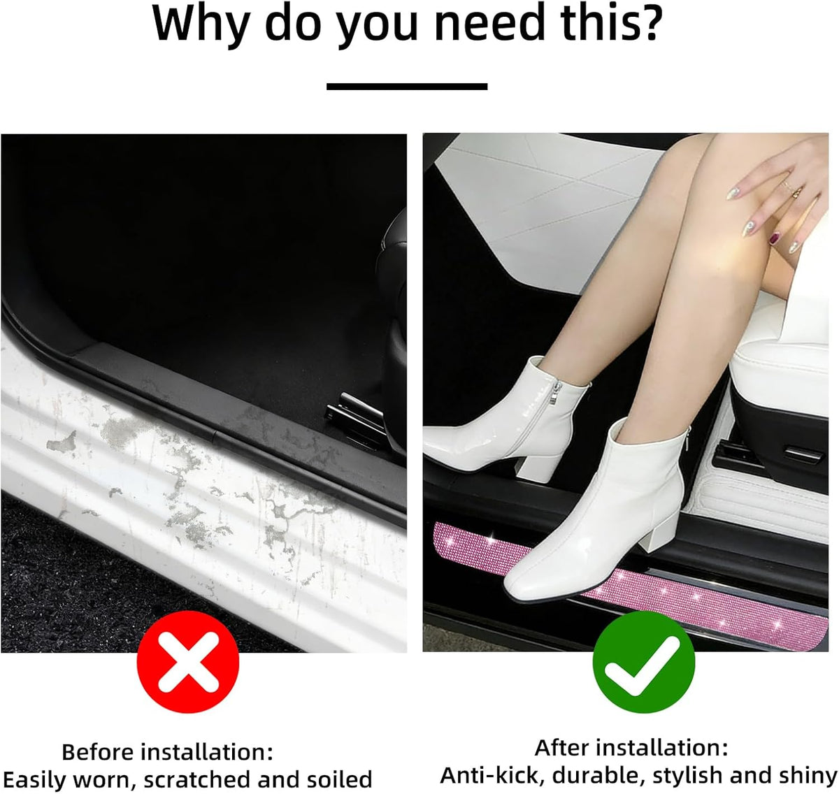 NETEPEM Bling Car Door Sill Protector 2PCS Car Door Edge Guard Rhinestones Door Threshold Protection 23.62x1.96 inch Anti-Scratch Strip Sticker Universal Bling Car Accessories(Pink)