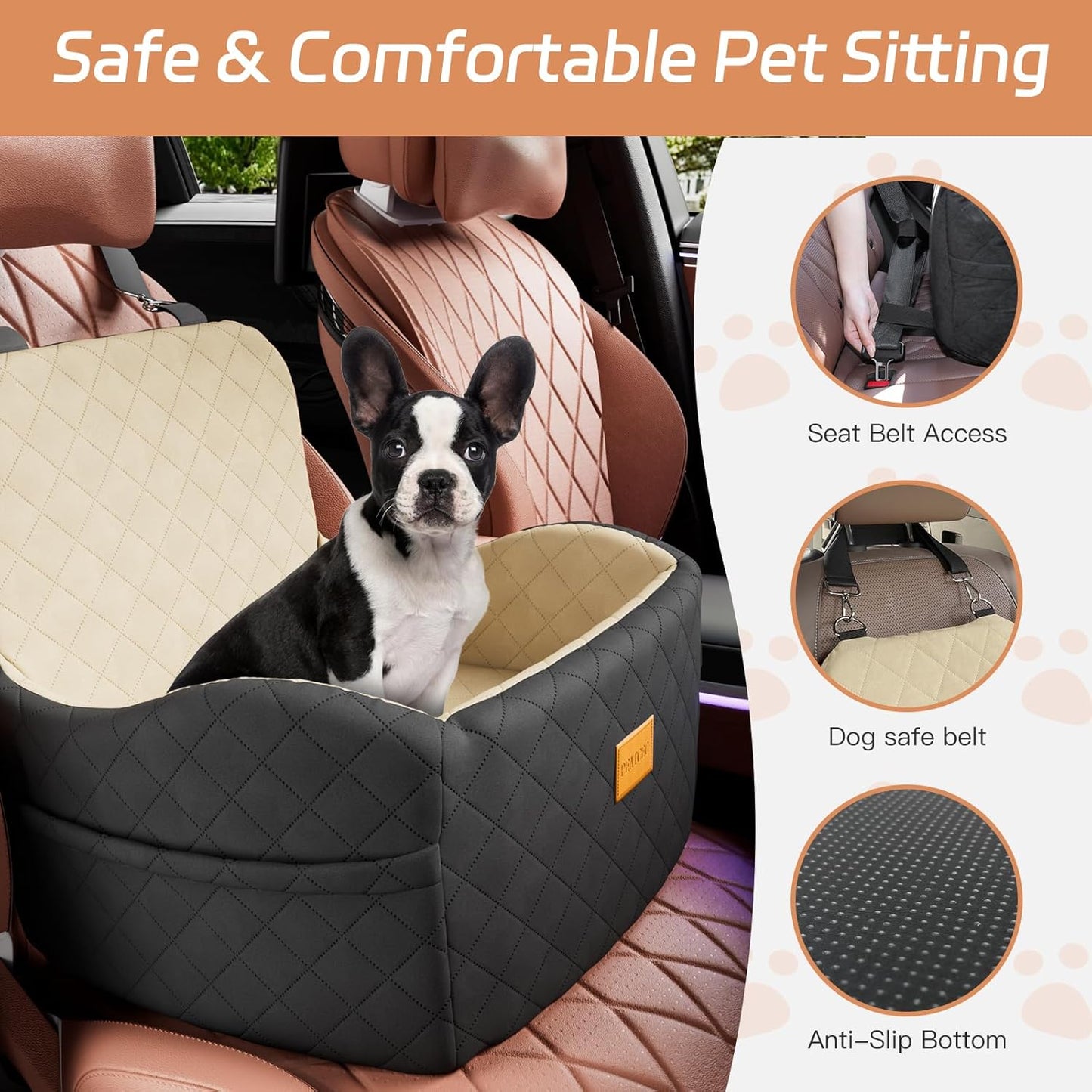 Dog Car Seat for Small/Medium Dogs Under 35lbs, Detachable & Washable Elevated Pet Travel Bed, 2 Storage Pockets & Safety Belt, Anti-Slip Base, Booster Car Seat with Seamless Bottom Design