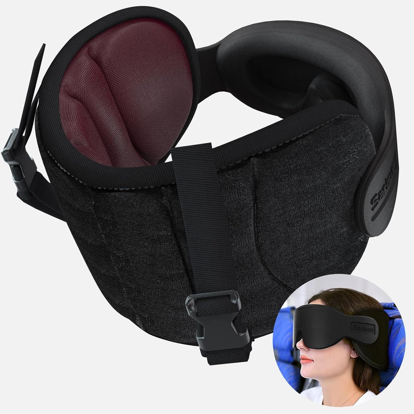 SARISUN Travel Pillows for Airplanes, Airplane Pillow for Long Flight Car Road Trip, Airplane Head Strap with Sleep Eye Mask, 360° Support Headrest, Stop Bobblehead Travel Neck Pillow, Mottled Black