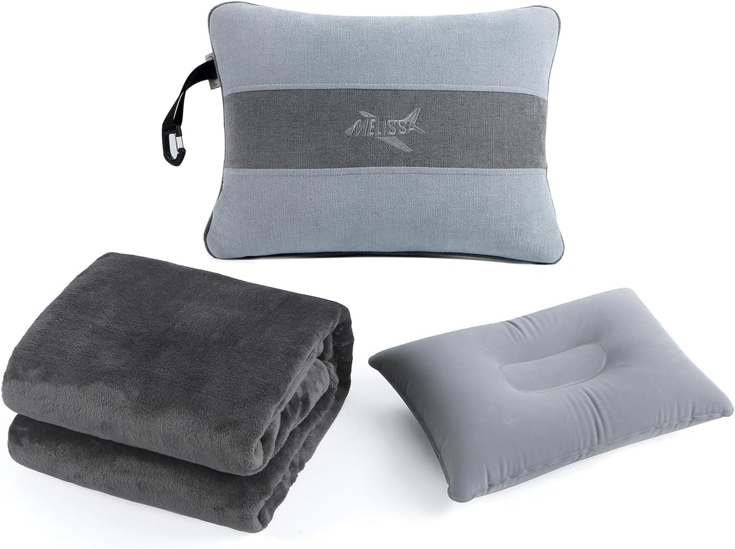 Melissa Large Soft Travel Blanket and Inflatable Pillow Set | Size-69“ x 43.3”, Carry Bag – Lightweight, Compact & Washable for Backpacking, Hiking, Airplane, Car, Office, Camping (Gray)