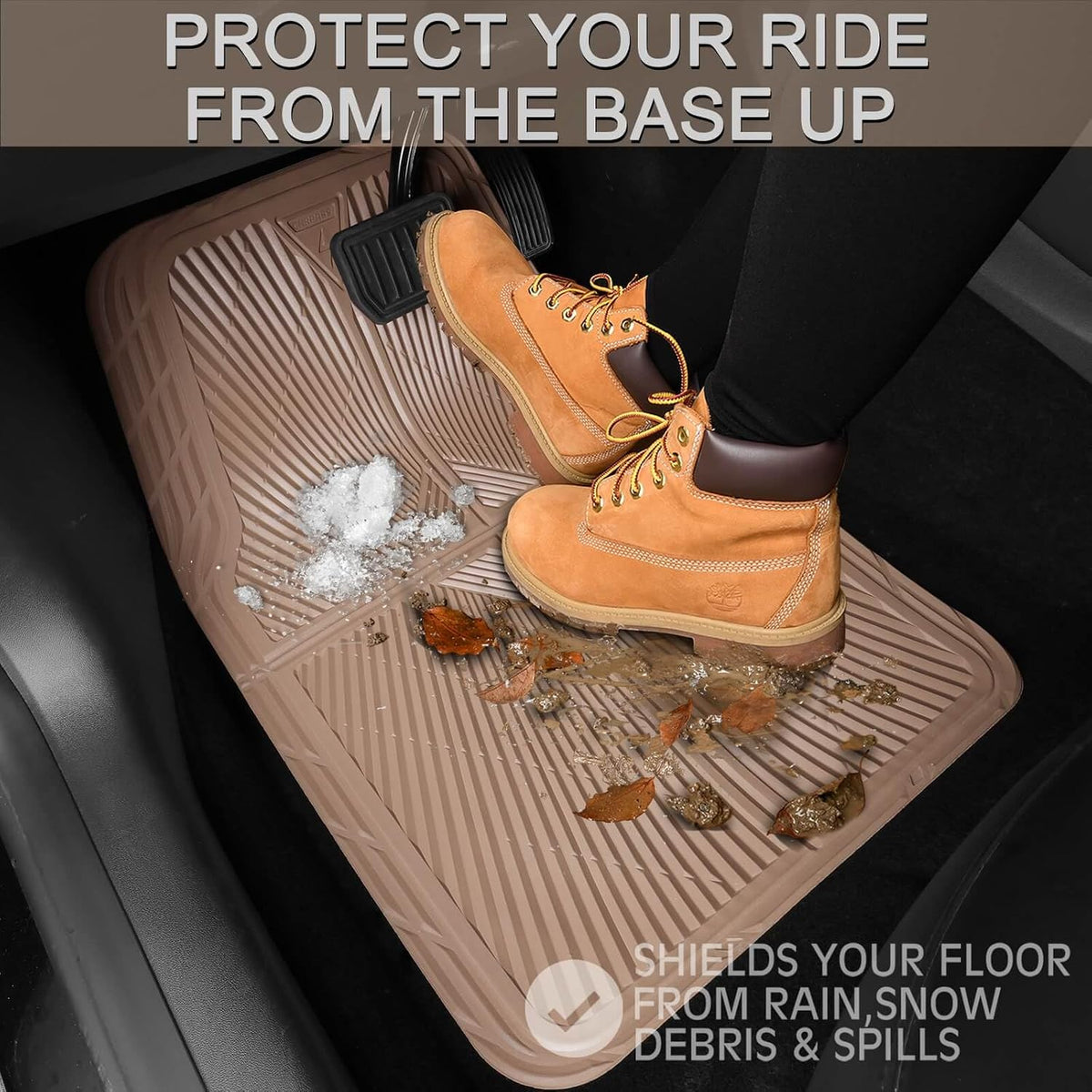 CAR PASS Beige Rubber Floor Mats&Cargo Liner,Waterproof Truck Mats Heavy Duty,All Weather Trim-to-Fit Automotive Mat for Car Truck SUV,Anti-Slip Easy Clean Durable,Full Set 5-Piece,3D Emboss All Beige