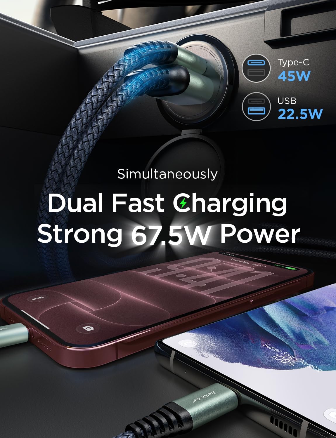 AINOPE 67.5W Car Charger USB C Fast Charge, iPhone 18 pro max Charger
