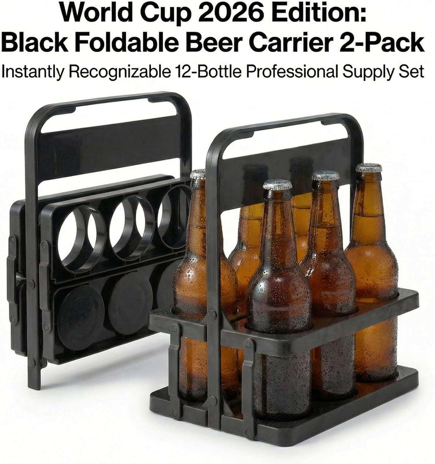 Li&Zhao Foldable Drink Carrier with Handle for Large Cups- 2-Pack Reusable Plastic Cup Holder for Takeout, Coffee, and Parties, 12-Cup Sturdy Drink Carrier for World Football Cup Watching (Black)