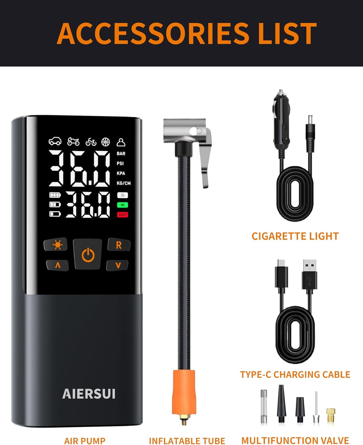 Tire Inflator Portable Air Compressor, Cordless 5-in-1 Smart Pump for Sedan/Motorcycle/Bike, 150PSI Auto-Stop, 6000mAh Power Bank, Lightweight with Digital Display, AS805