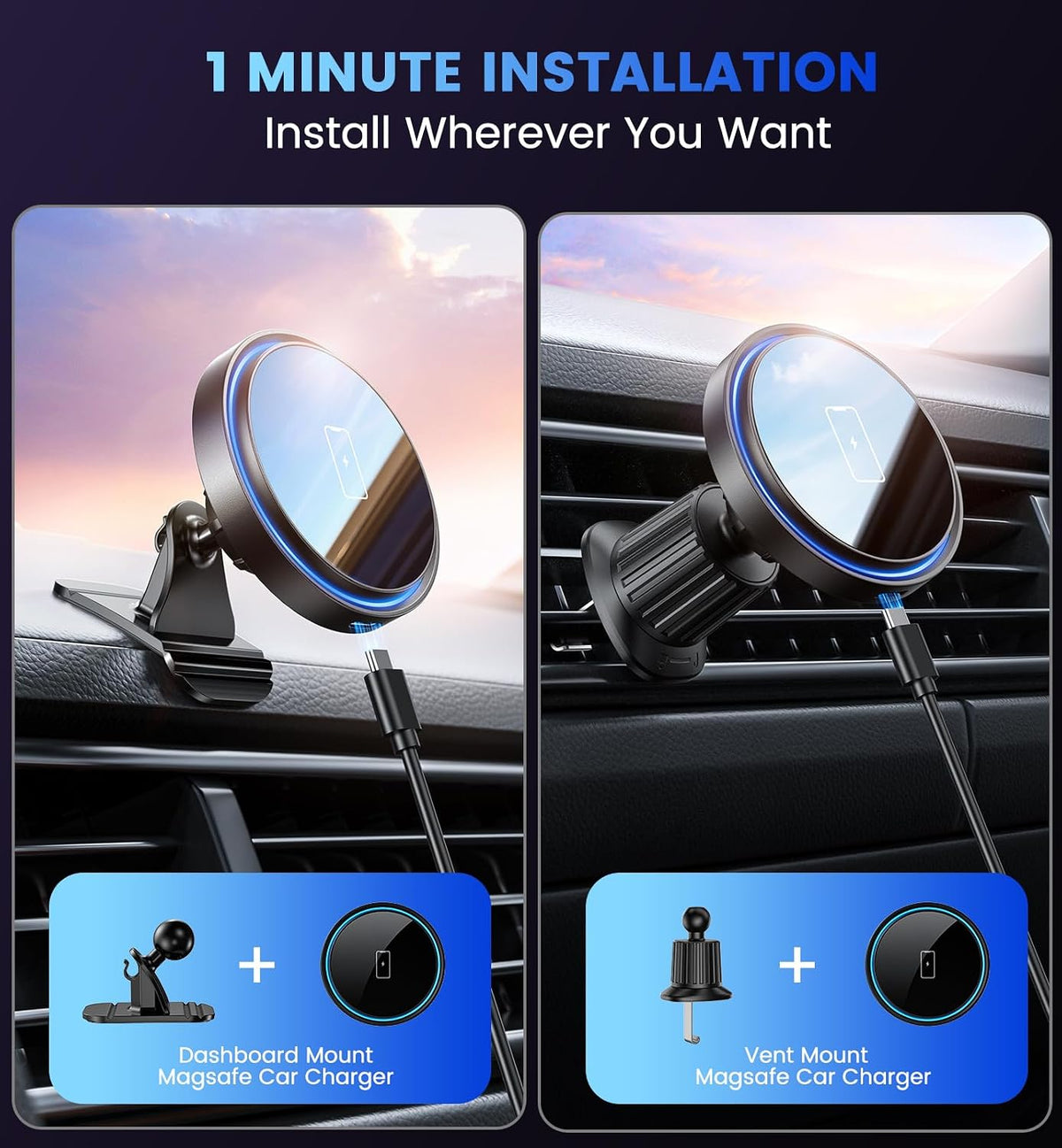 3 in 1 Magnetic Car Charger Mount 15W for iPhone 18-12 Pro Max