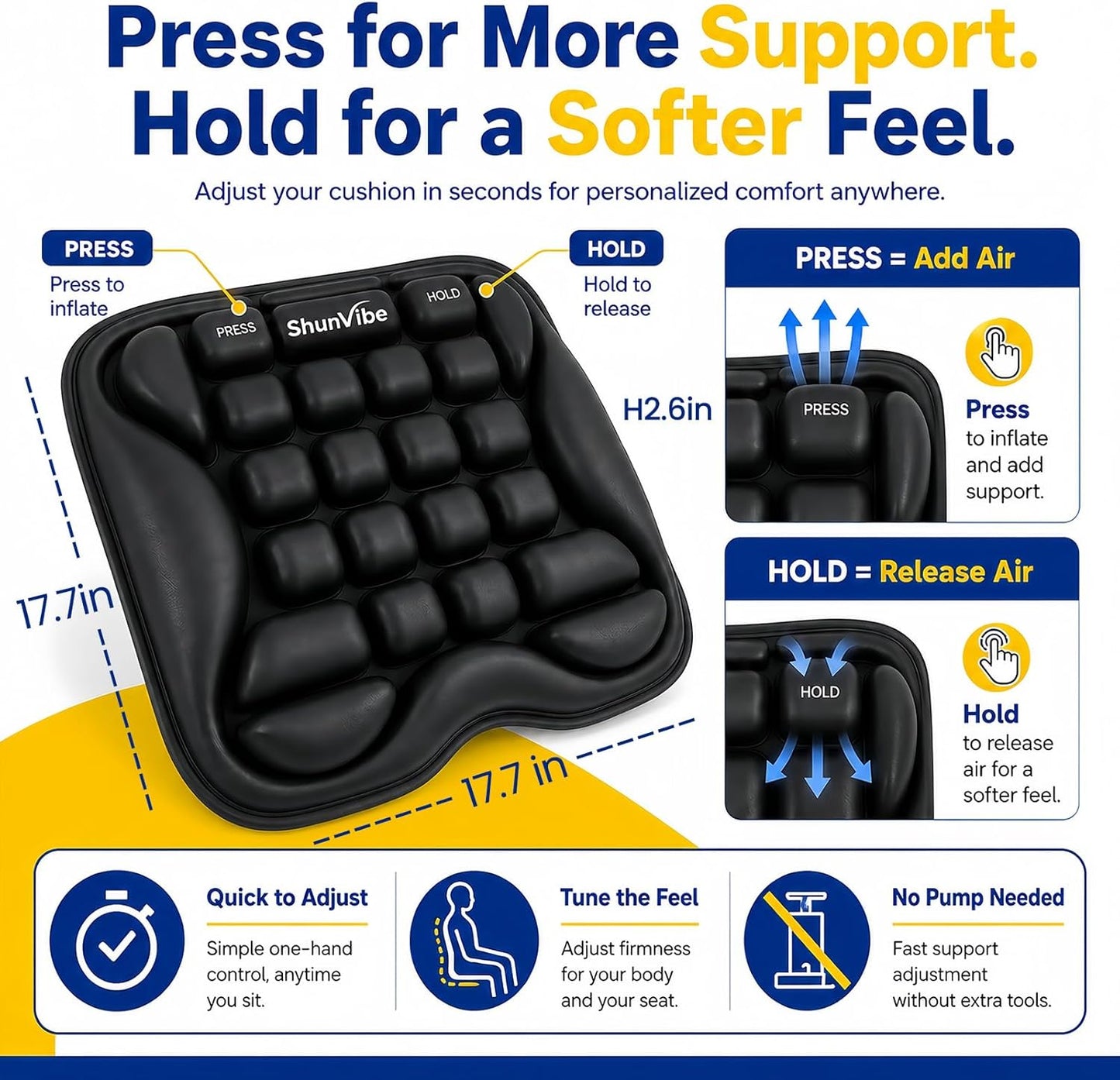 Car Seat Cushion for Long Drives, Pressure Relief Seat Pad with Built-in Pump, Adjustable Air Cell Cushion for Truck Drivers, SUV, Office Chair and Wheelchair