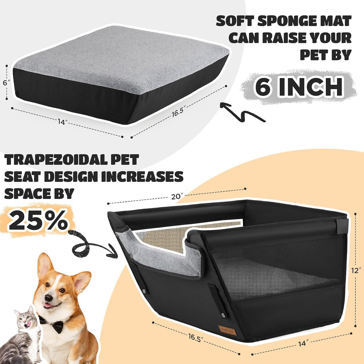 BONTHEE Elevated Dog Car Booster Seat for Dogs &amp; Cats up to 35LB, 6-Inch Memory Foam Pet Booster Seat, Side Breathable Mesh,Portable Travel-Safe Bed for Cars,Elevated Car Seat for Small Medium Dogs