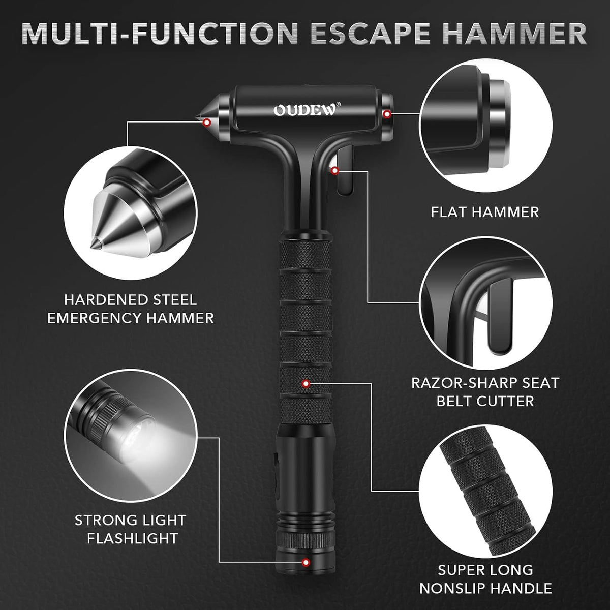 Car safety hammer, Glass Breaker with Lighting Function, Black, 1pcs