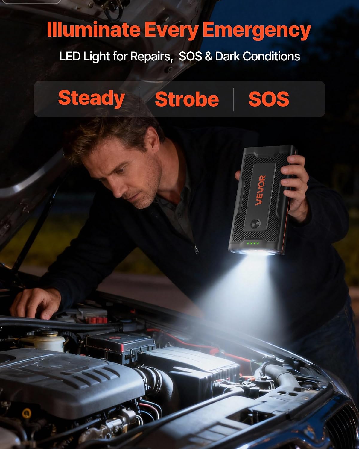 VEVOR Jump Starter, 1000A Peak, Car Jumper Starter Battery Pack, 12V Portable Lithium Battery Booster, Jump Box Power Bank with 3 Modes Flashlight and Jumper Cable, for Up to 5L Gas & 3L Diesel Engine