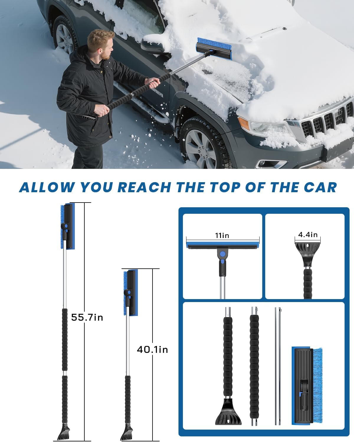 helloleiboo 2025 Extra Long 55.7" Ice Scrapers for Car Windshield Multi-Functional Detachable Car Ice Scraper with Foam Grip and 270° Pivoting Brush Head Snow Brush for SUV Truck Auto (Blue)