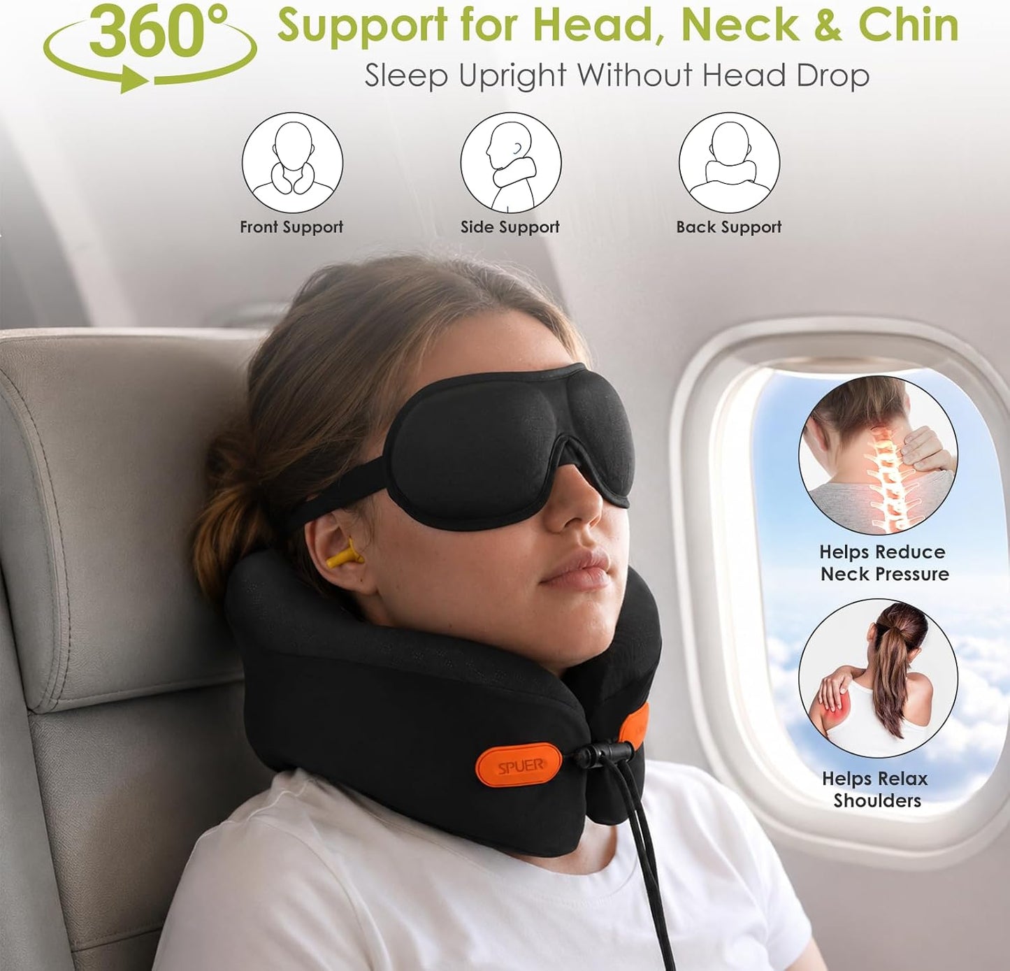 Premium Travel Pillow for Airplanes, Ergonomic Neck Pillow for Long Flights | 100% Pure Memory Foam Travel Neck Pillow with 360° Neck & Chin Support, U-Shaped Airplane Pillow, Petal-Shaped Support
