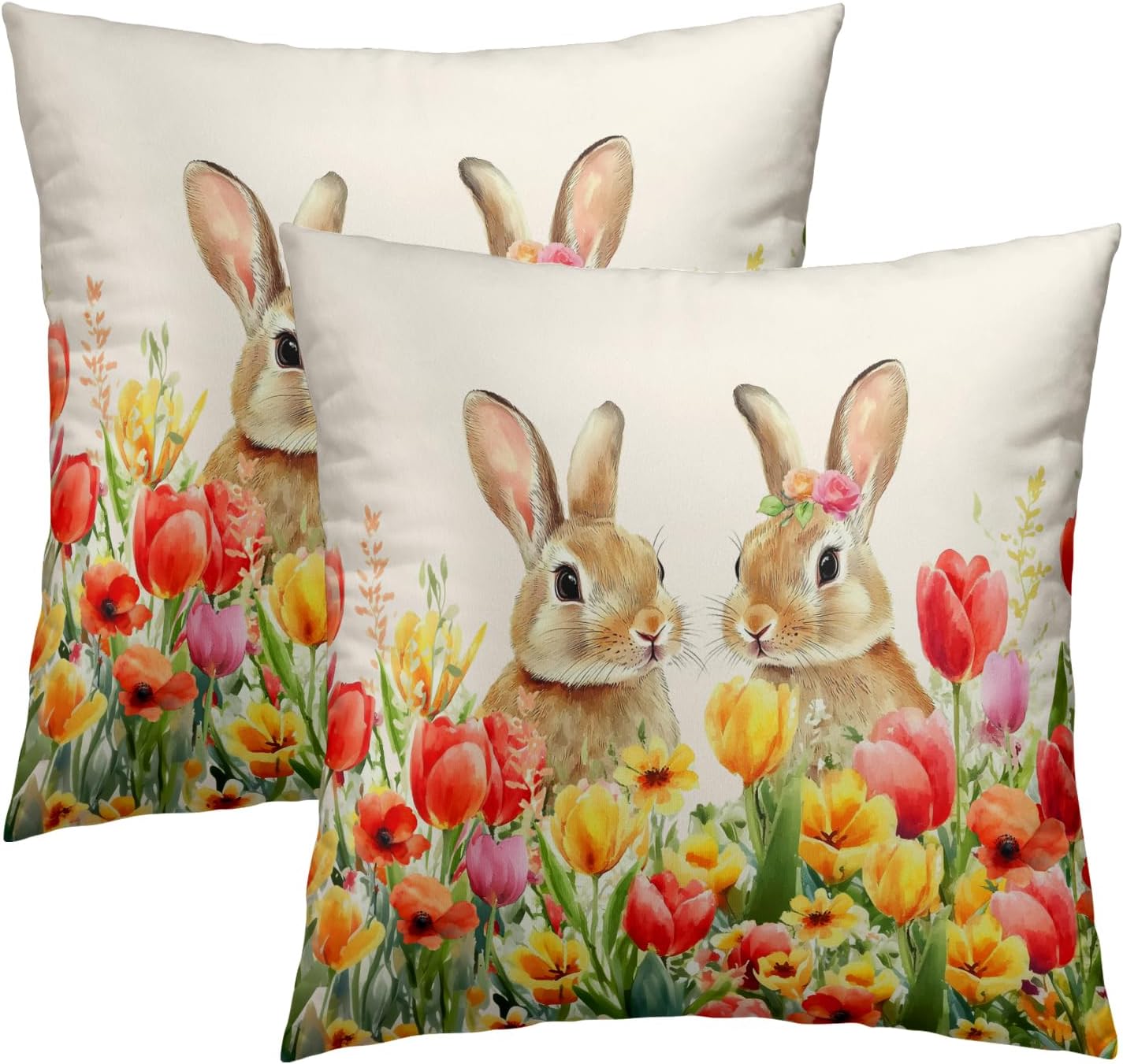 Giwawa Easter Bunny Throw Pillow Covers 16x16 Inch Set of 2 Spring Floral Decorative Pillow Cases Cotton Holiday Cushion Cover for Home Sofa Couch