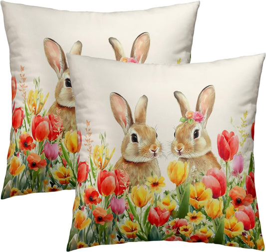 Giwawa Easter Bunny Throw Pillow Covers 16x16 Inch Set of 2 Spring Floral Decorative Pillow Cases Cotton Holiday Cushion Cover for Home Sofa Couch