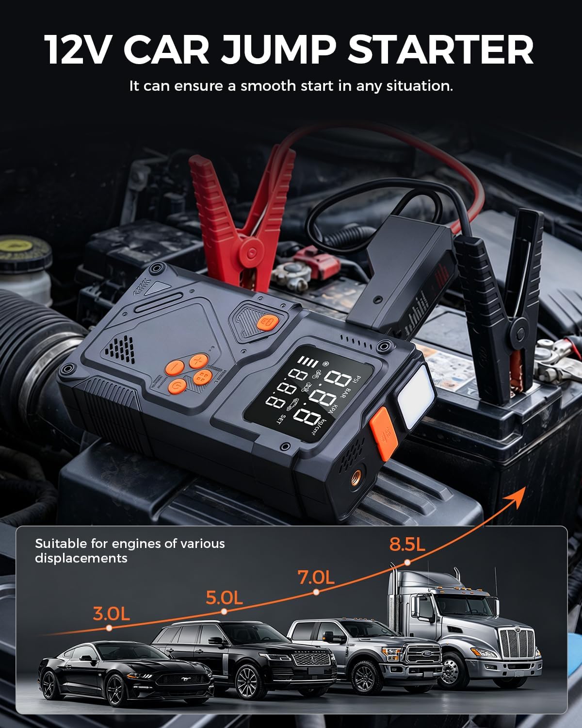 12V Jump Starter with Air Compressor, Portable Car Battery Jumper Starter