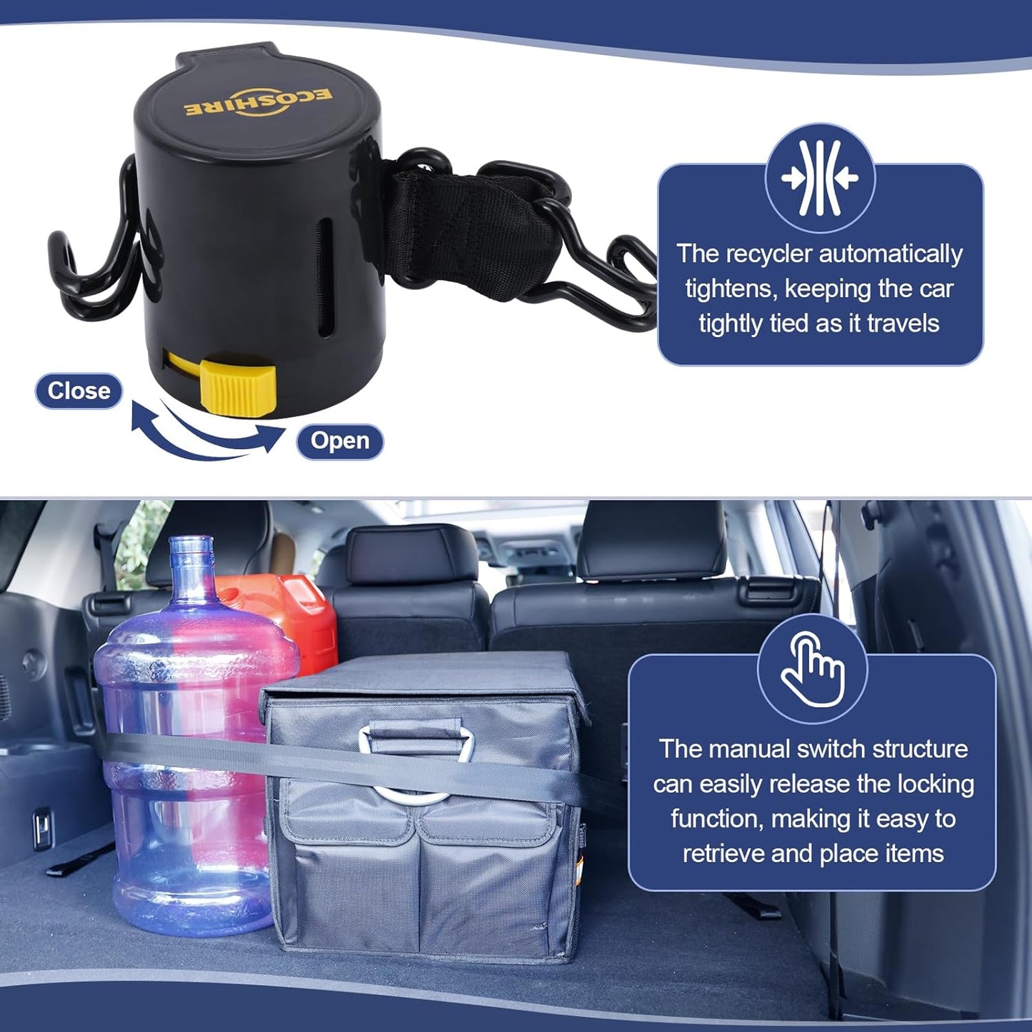 Cargo Straps for Car Trunk – Self-Retracting Tie-Down Straps – 2-Point Ratchet Tie-Down Straps with Hooks – Heavy-Duty Car Straps for Cargo Organization and Storage – for SUVs, Hatchbacks