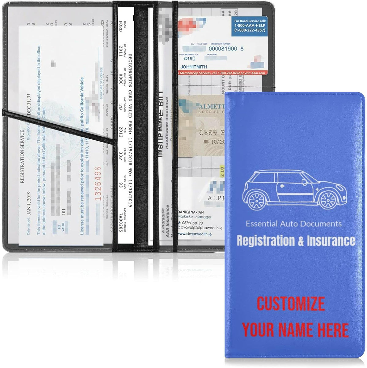 Custom Car Registration and Insurance Card Holder Personalized Leather Glove Box Organize Men Women Wallet Accessories Case for Cards, Essential Document Driver License Royal Blue