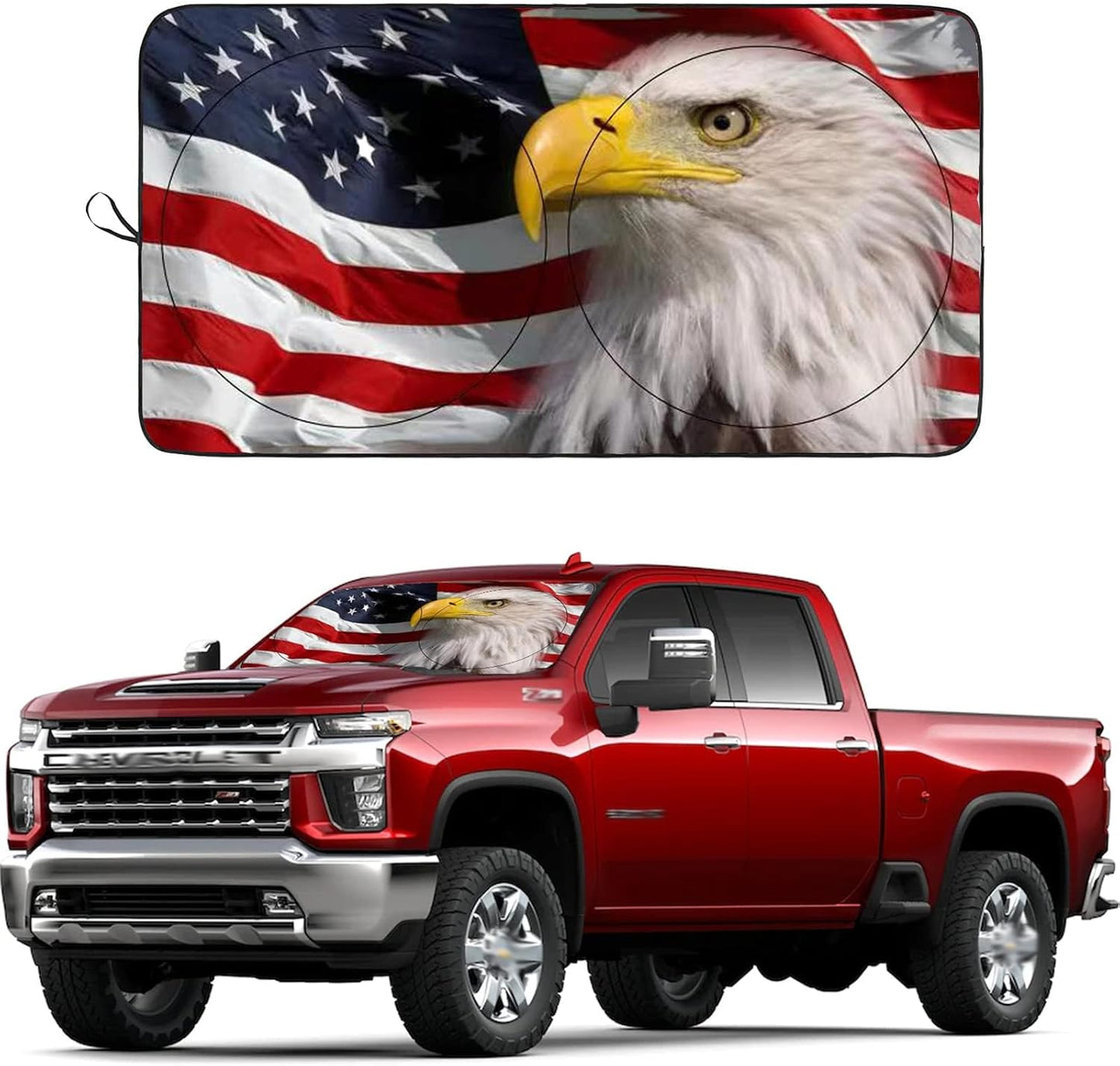 SEPORUD Windshield Sun Shade New American Eagle Flag USA Patriotic Design - Folding Car Front Window Sunshade for Cars SUV Trucks, Max UV Blocking and Keep The Vehicle Cool(64"x33.5")