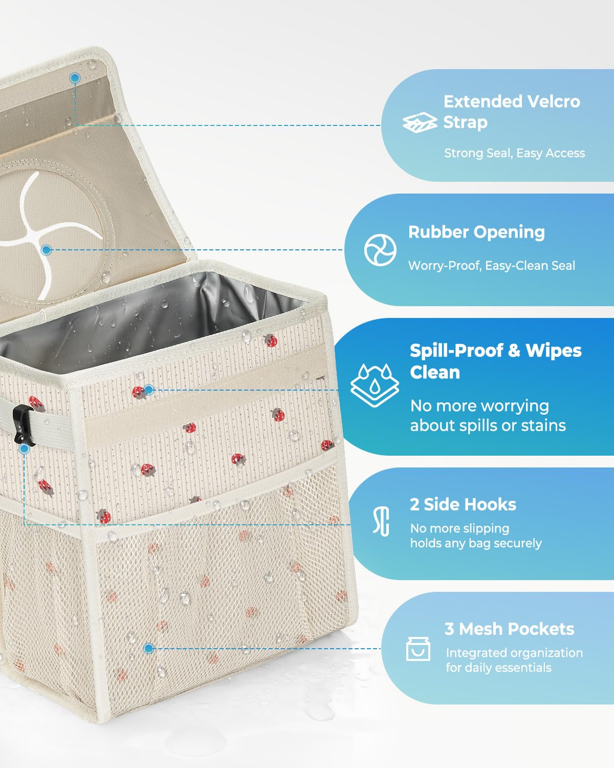 Corduroy Car Trash Can with Lid and Mesh Pockets - Leakproof Organizer,Multipurpose Waterproof Garbage Can/Trash Bin for Car(Off-White Base with Red Strawberry Print-2 Gallons)