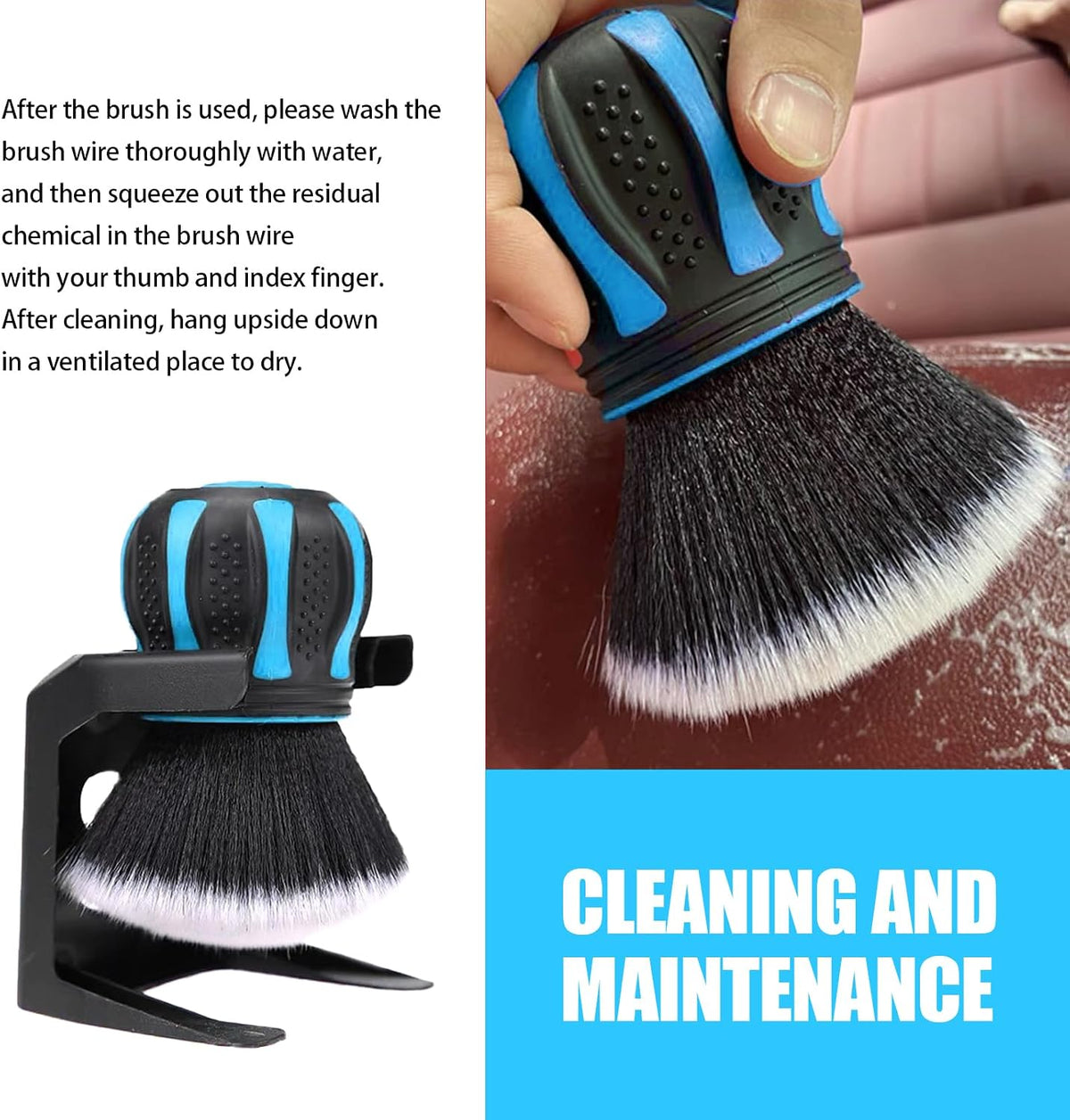 Shakas Detail Cleaning Brush with Storage Holder, Non-Slip Easy Grip Handle Air Conditioning Vent Spherical Soft Bristle Crevice Brush, Portable Multi-Purpose Accessory, Fits Most Cars (Blue)