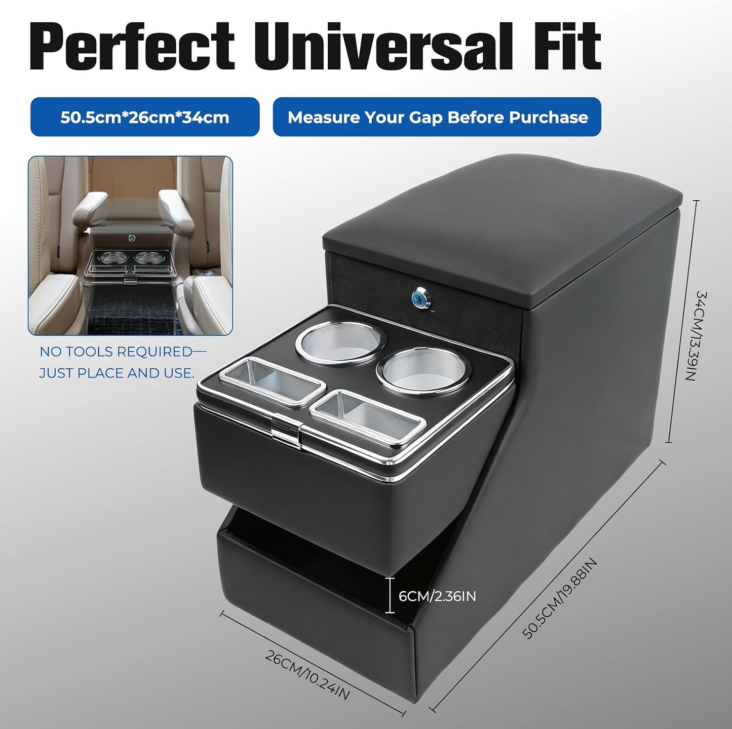 Center Console Organizer for Minivans, SUVs &amp; Middle Van Seats - Floor-Mounted Lockable Storage Box with Dual Cup Holders, Ideal for Vehicle Interior