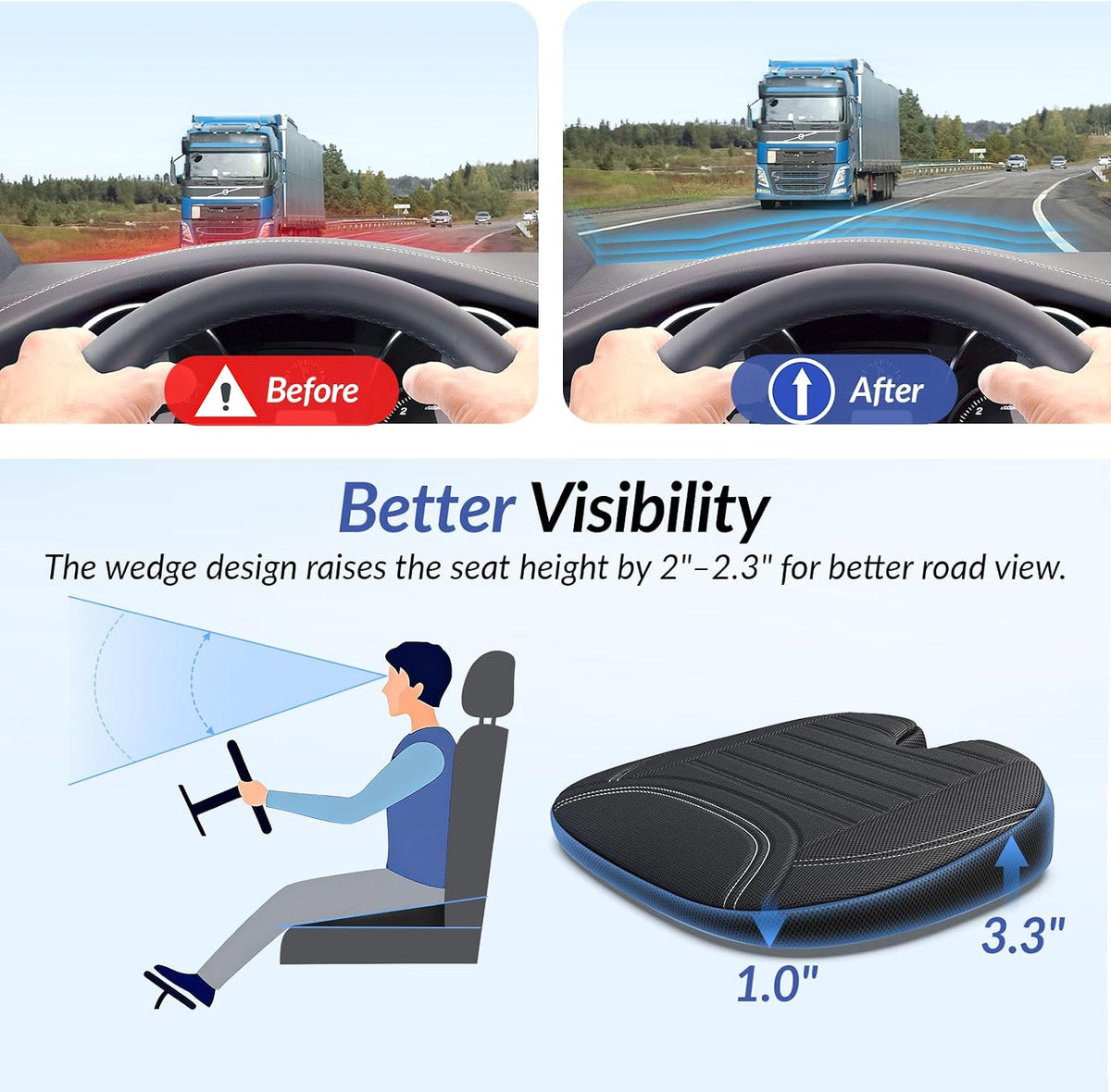 ZIKEE Wedge Car Seat Cushion for Tailbone Pain Relief & Better Visibility, Ergonomic Memory Foam Seat Cushion for Car with Breathable Channel Design, Fits Car, SUV, Truck, Non-Slip Mesh Cover