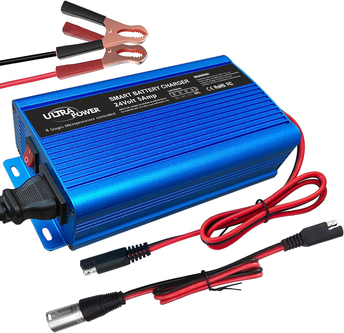 ULTRAPOWER 24V 5A Battery Charger,Universal Battery Charger Maintainer with 4LEDs Indicator,XLR Connector for Cars,Trucks,RVs,ATVs,UTVs,Tractors,SUVs,Electric Wheelchair Lead Acid Battery
