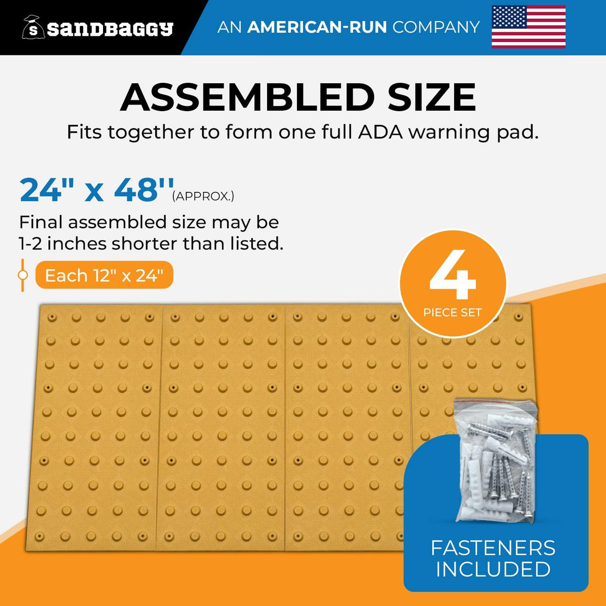 Sandbaggy 24" x 48" ADA Warning Pads Set (Assembled Size) - Fasteners Included - ADA Compliant - Surface Mounted Truncated Domes (1, 24" x 48")