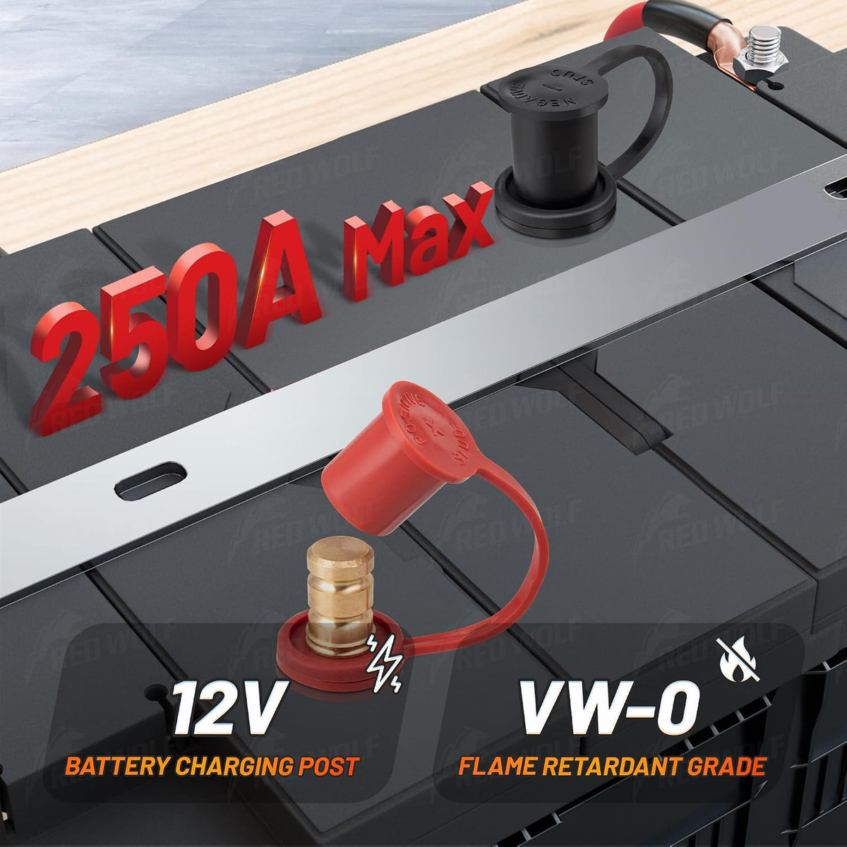 RED WOLF Remote Battery Terminal 3/8” M10 Stud, 250A Max DC 12V Battery Jumper Post Adapter Connector Relocation Heavy Duty for UTV ATV Automotive RV Truck Boat Trailer w/Insulating Cover