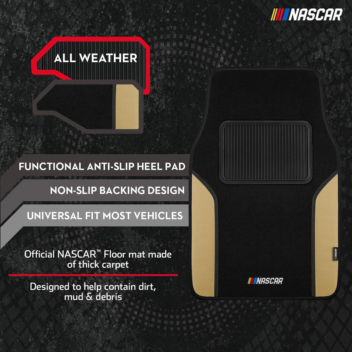 NASCAR Car Floor Mats, Carpet & Beige Leather Design Car Mats, Universal-Fit All-Weather Car Floor Mats with Built-in Heel Pad & Anti-Slip Backing, Durable Odorless Automotive Interior Accessories