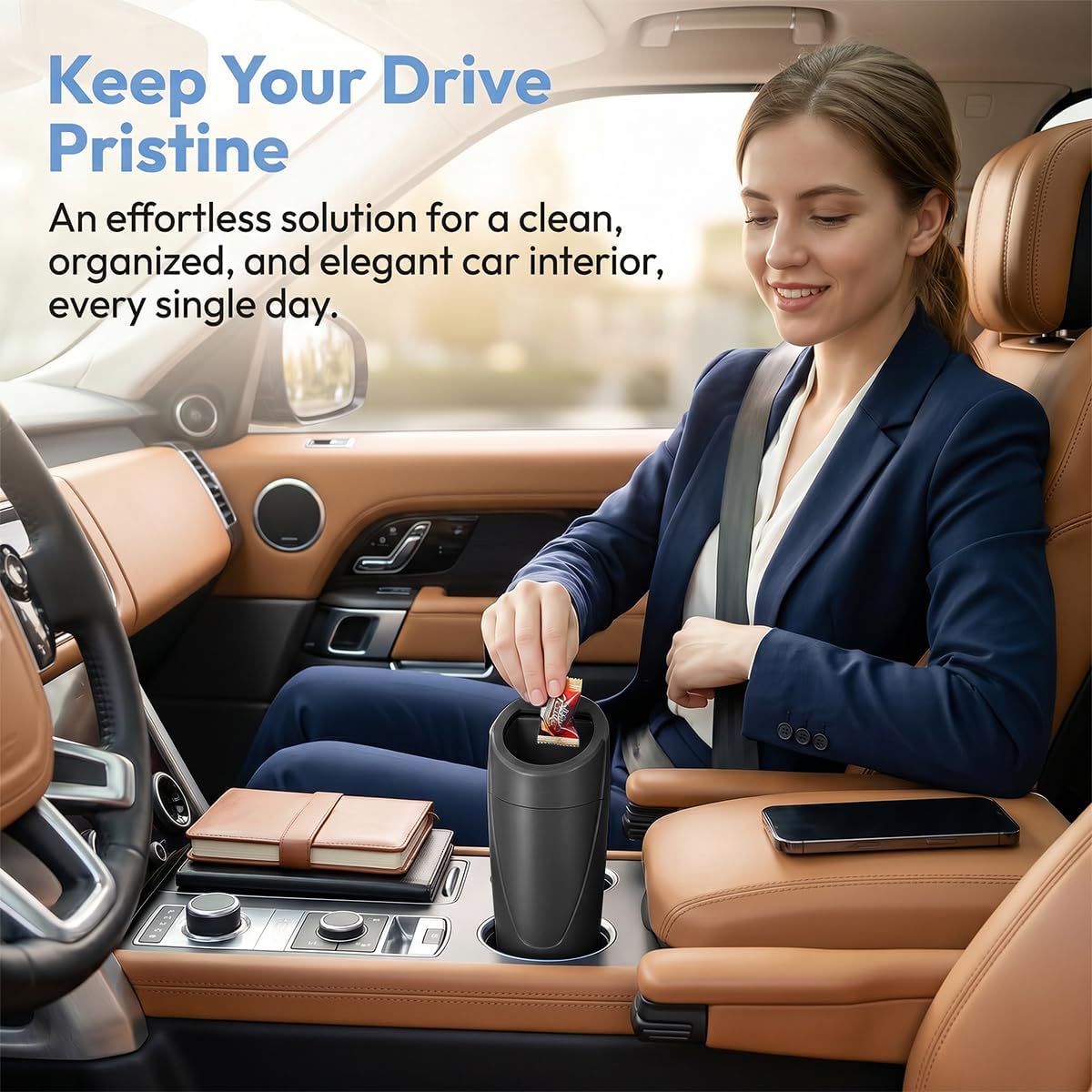Car Trash Bin with Lid, Leak-Proof Portable Vehicle Cup Holder Garbage Can Dustbin with 2 Roll Trash Bags, Auto Interior Cup Holder Trash Bin Storage Organizer, Universal Fit (Black)