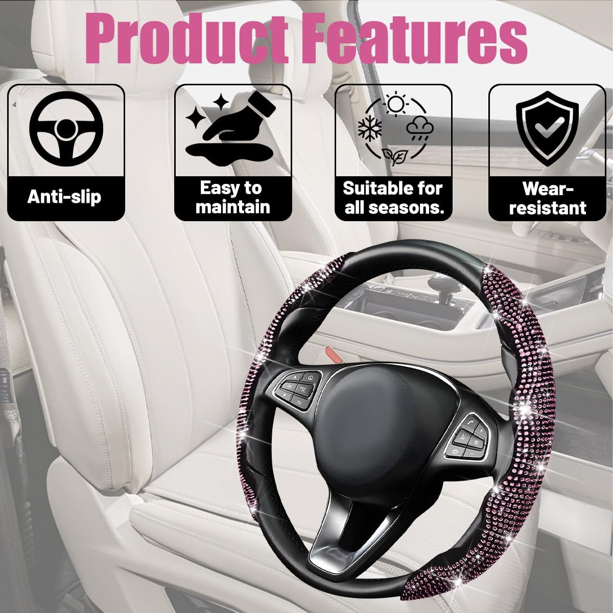2PCS Rhinestone Segmented Steering Wheel Covers, Pink