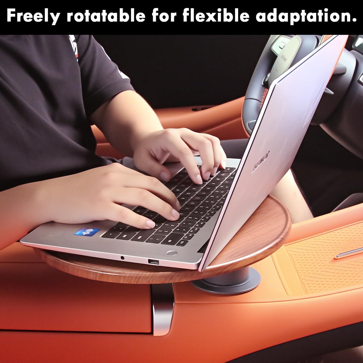 Car Tray & Car Desk for Laptop with 360° Rotating Wooden Car Laptop Mount Car Table Car Food Tray – Universal Steering Wheel Table for Tesla Model Y/3/S, Ford F-150 Explorer & Most Vehicles