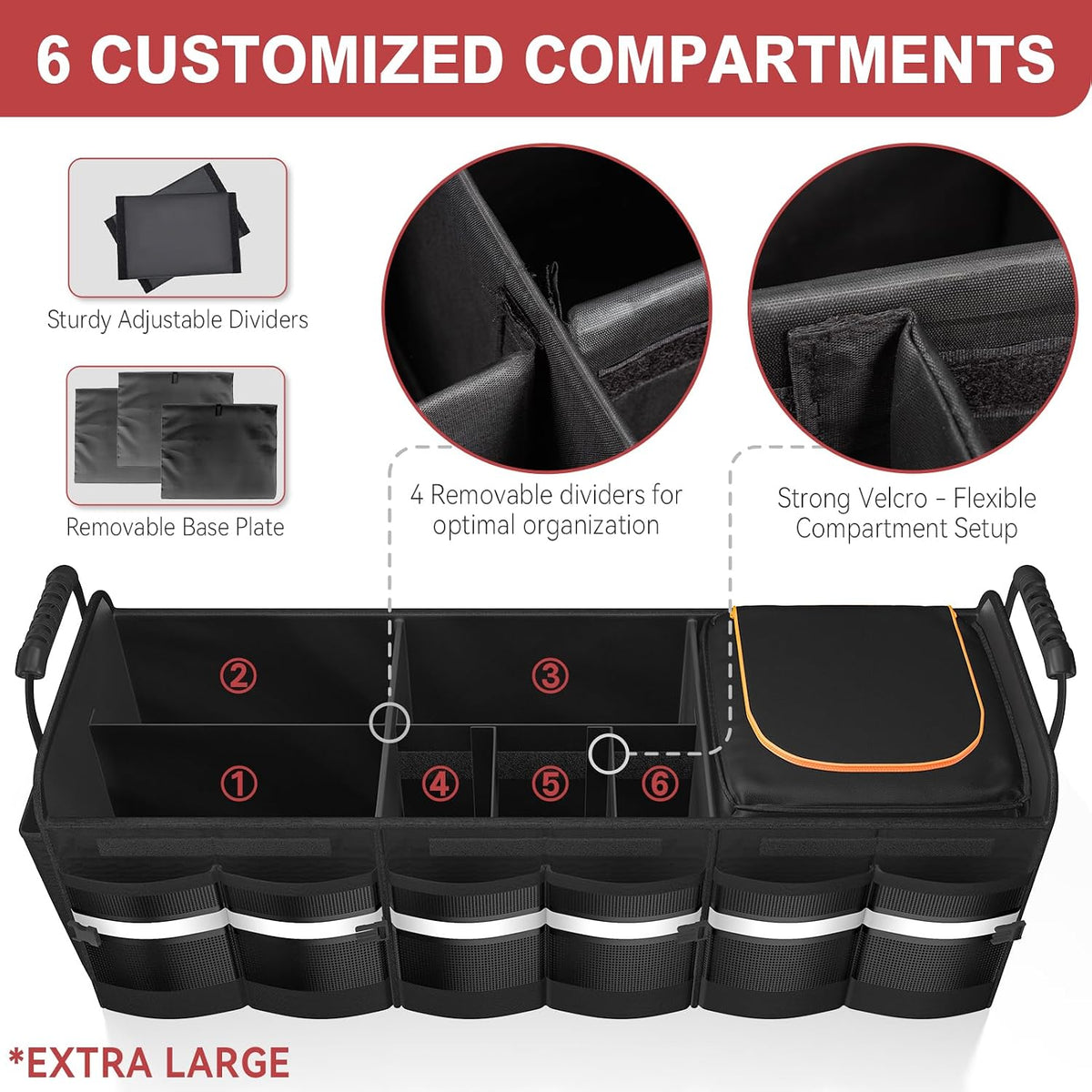XL Heavy-Duty Trunk Organizer for Car, 6 Adjustable Compartments & Cooler | Car Trunk Organizer With Lid & Removable Leakproof Cooler Bag, Reinforced Panels, Non-Slip Base, Tie-Down Straps For Sedan