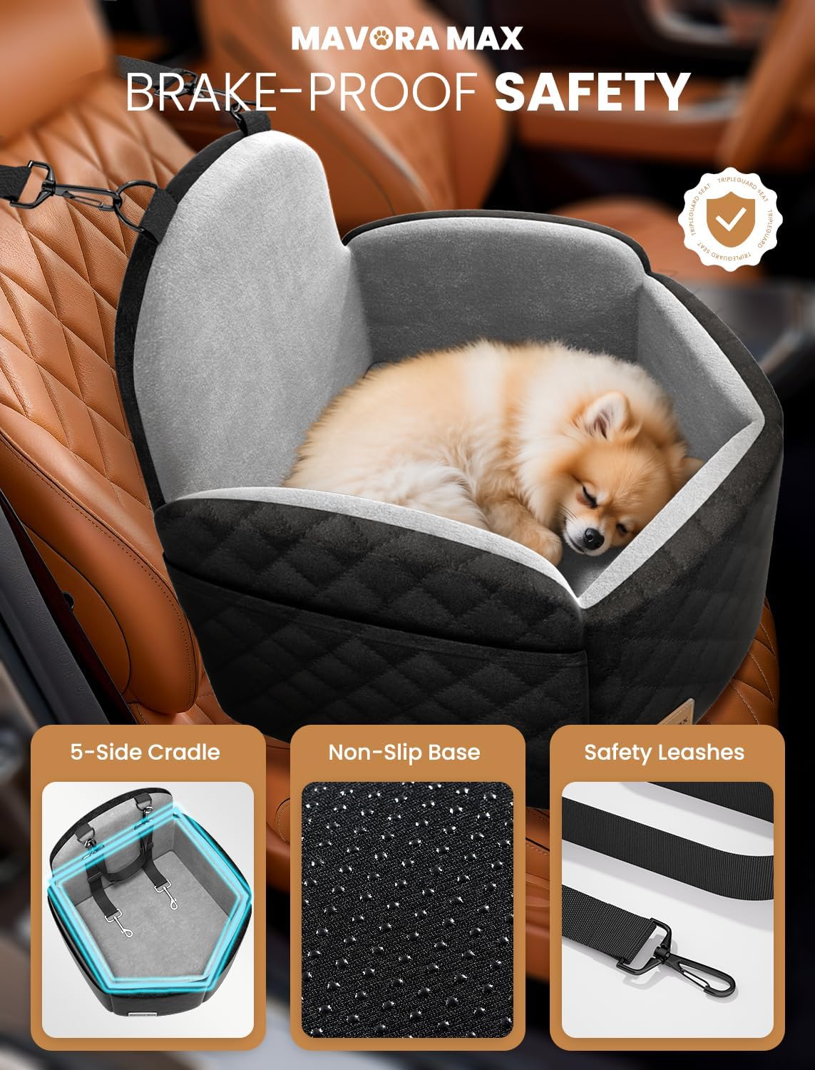 Dog Car Seat for Small/Medium Dogs, Memory Foam Puppy Car Seat Elevated Dog Booster Seat Up to 35 lbs, Fully Detachable Washable, Travel Safety Pet Seat with Storage Pockets (Black/Grey)