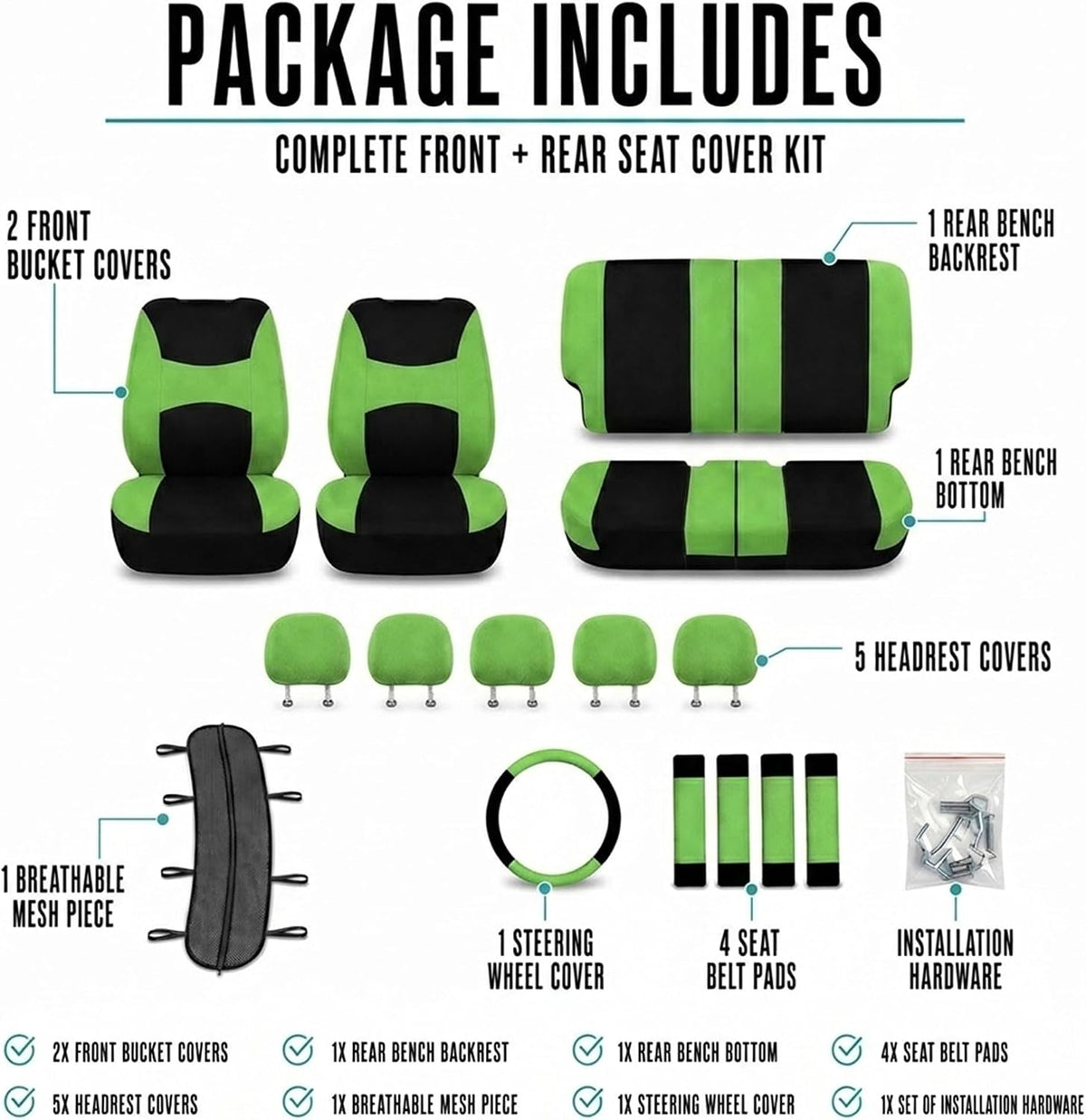 Automotive Seat Covers Green Universal Fit Combo Set with Steering Wheel Cover and Seat Belt Pad fits most Cars, SUVs, and Trucks (Airbag Compatible and Split Bench) FH Group FB030GREEN-COMBO