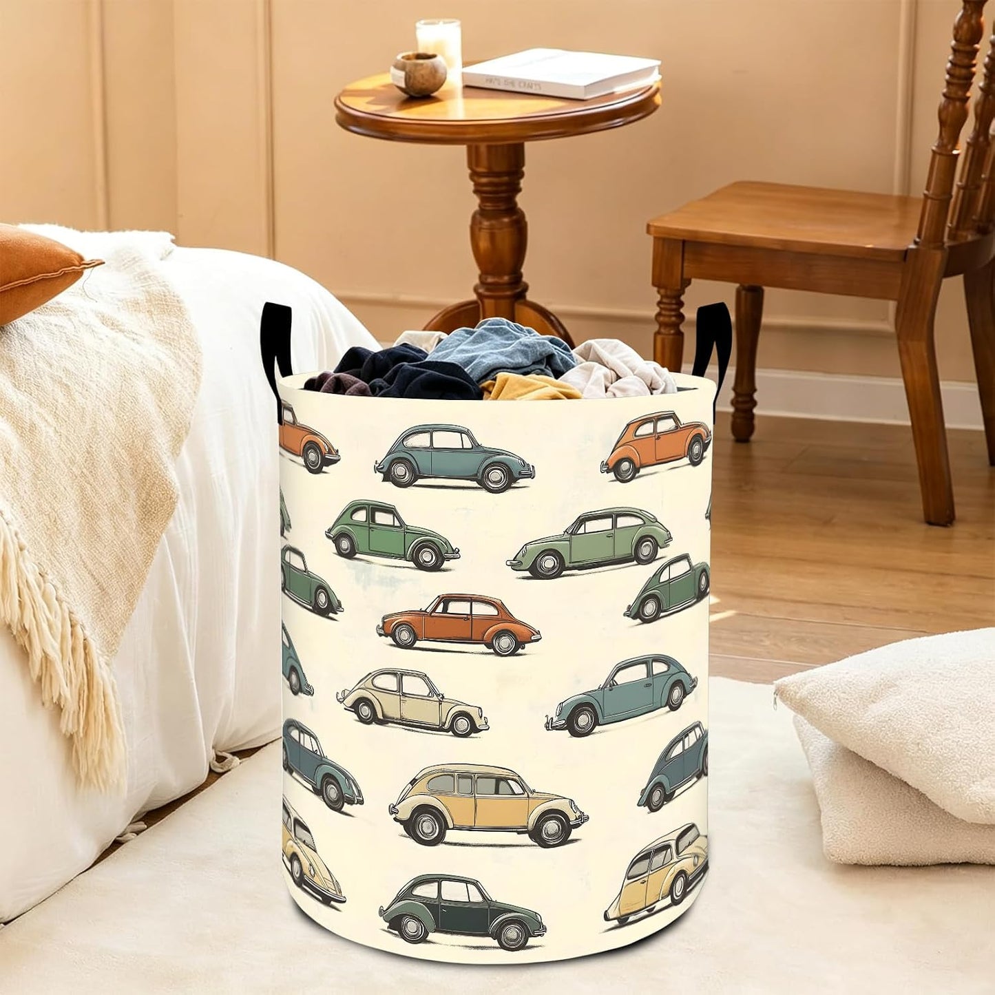 Classic Car Laundry Basket Vintage Vehicle Cartoon Waterproof Oxford Fabric Cloth Storage Hamper, 19.7x15.7 Inch Retro Auto Portable Dirty Baskets Decor Gifts for Living Room Bathroom